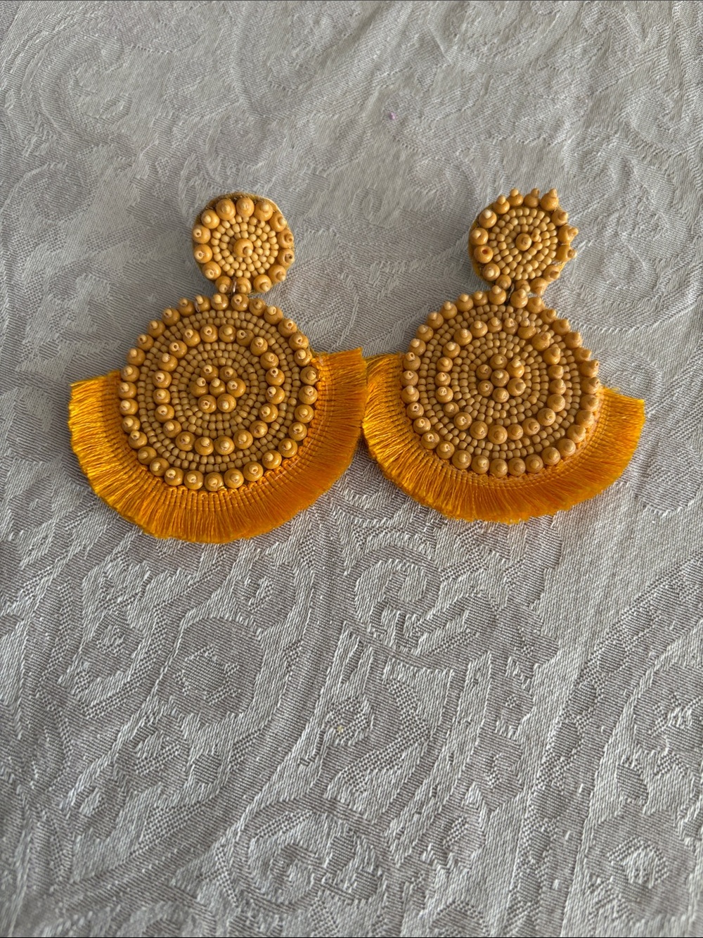 Mustard Yellow Beaded Fan Fringe Statement Earrings